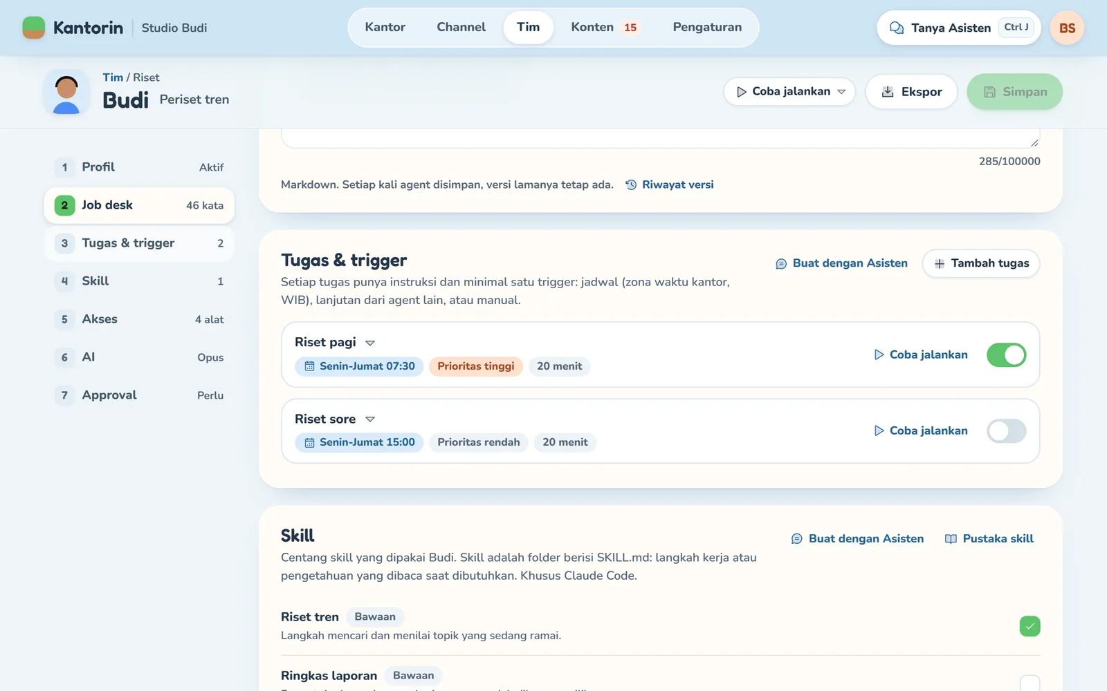 Editor agent: tugas dengan jadwal dan daftar skill