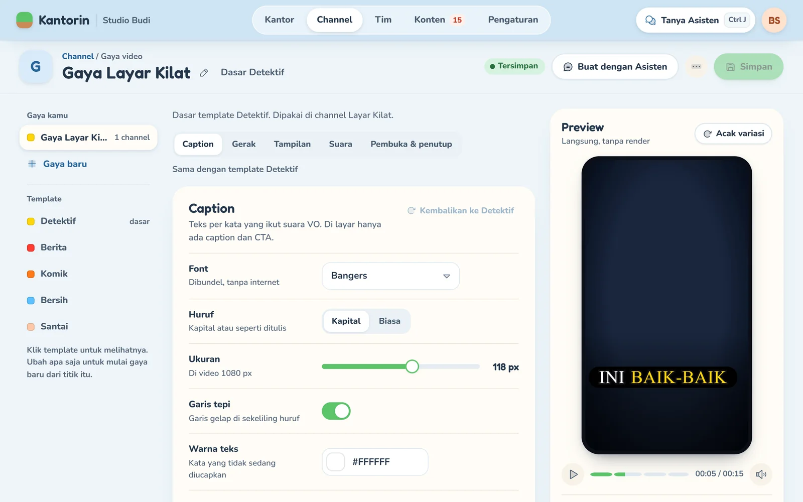 Editor gaya video dengan pengaturan caption dan preview langsung