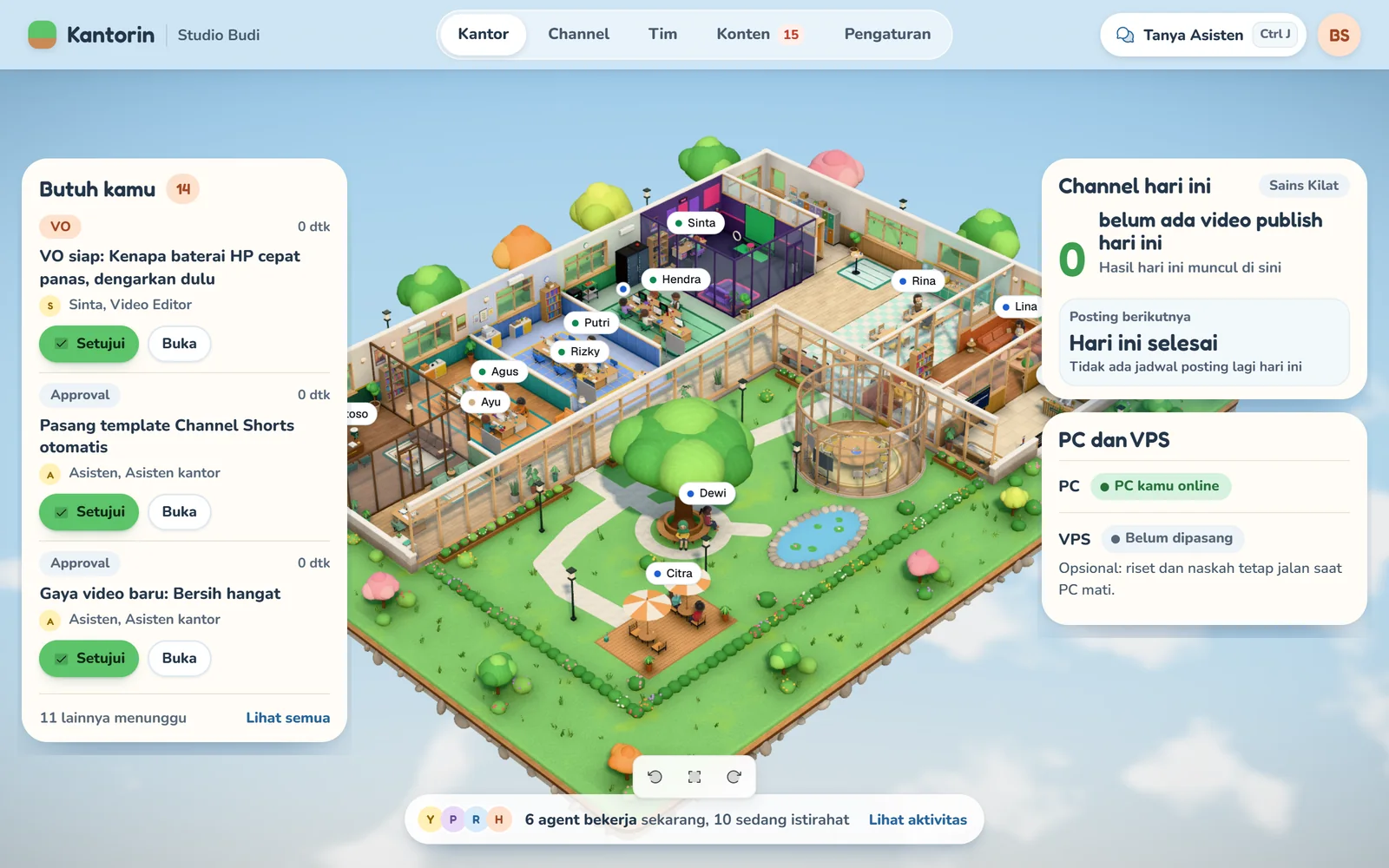 Dashboard kantor: kantor 3D di tengah, daftar Butuh kamu di kiri, Channel hari ini serta PC dan VPS di kanan